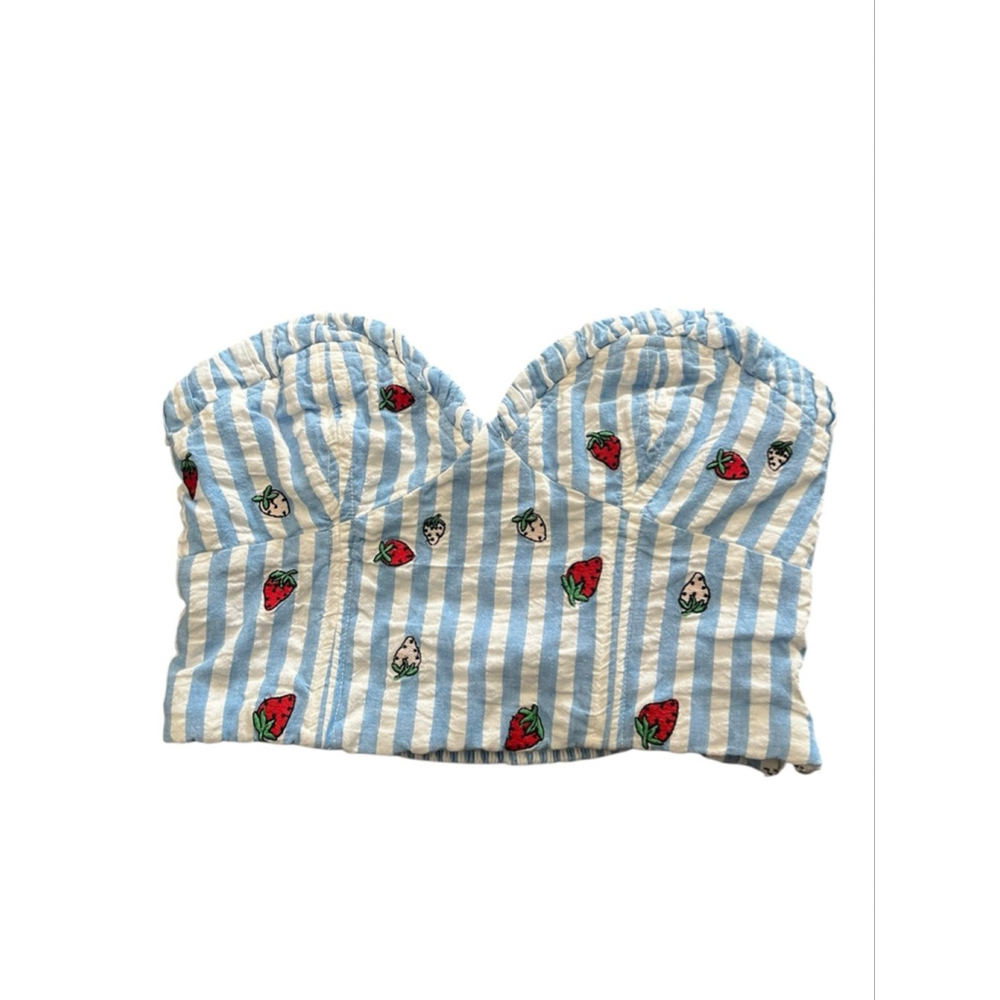 Anthropologie Maeve Striped Embroidered Strawberry Crop Top Size 6 Cottagecore